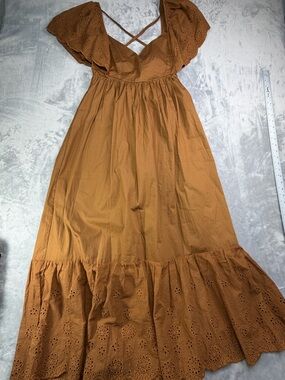 100% Cotton FORE Boho Eyelet Ruffle Maxi Dress in Rust Women’s Party Sundress
